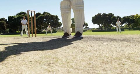 Cricketer in Sun Ready to Bat on Field - Download Free Stock Images Pikwizard.com