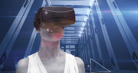 Woman experiencing virtual reality in data center