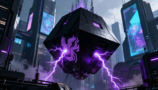Floating Cyberpunk Power Core Emitting Violet Lightning Over Neon Metropolis Skyline