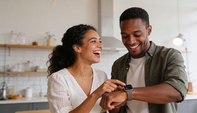Happy couple exploring smartwatch features in bright modern kitchen, sharing laughter
