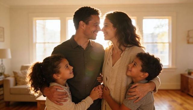 Sunlit family embracing in cozy living room holding hands, parents smiling at each other