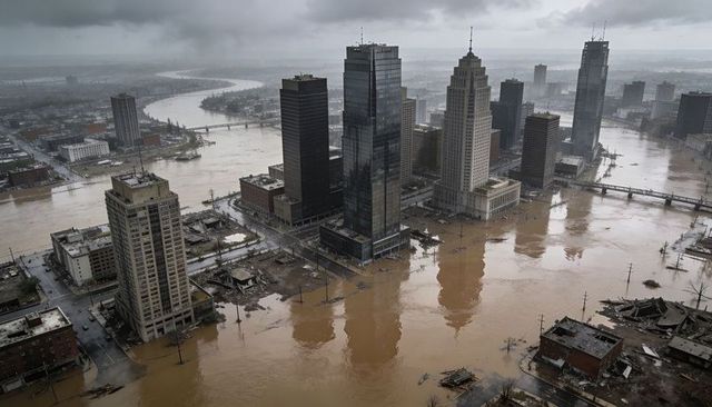 Downtown skyline flooding after river overflow, skyscrapers surrounded by muddy water, debris