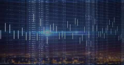 Candlestick market chart overlaying city nightscape showing volatility and data flow