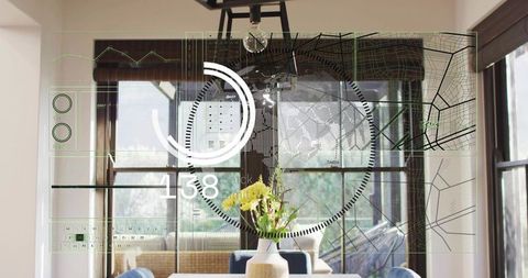 Displaying yellow daffodils in ceramic vase with ar hud over modern dining interior