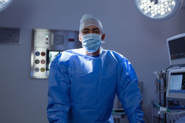 Male surgeon standing in an operating room, wearing a surgical mask and blue scrubs. The background includes medical equipment and surgical lights. This image can be used for healthcare-related content, medical websites, hospital brochures, and educational materials about surgery and medical professions.
