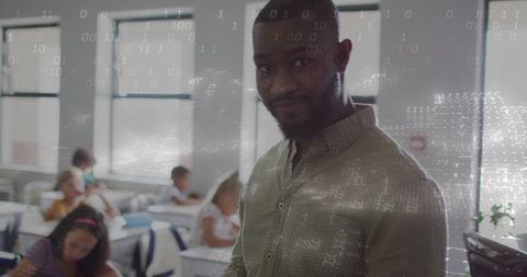 Teacher guiding classroom with students and binary data overlay for digital learning