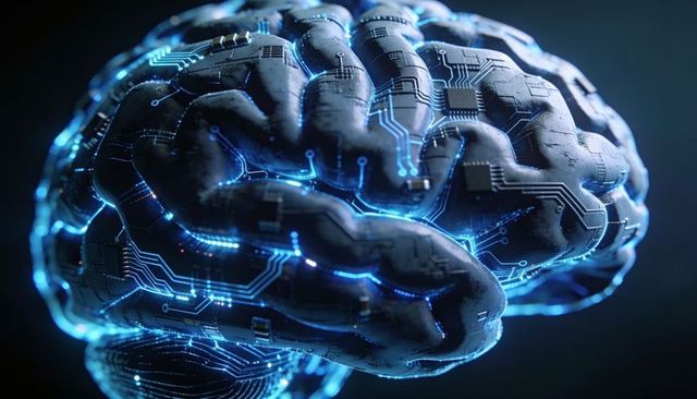 Glowing Cybernetic Brain Showing Neural Circuitry and PCB Traces in Neon Cyan