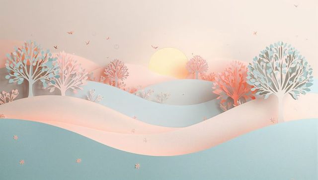 Pastel paper-cut sunrise landscape with layered hills, stylized trees and soaring birds