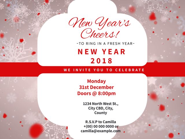 Ideal for inviting guests to a New Year celebration. Features a festive red and white background with confetti and elegant typography. Perfect for both formal and casual gatherings. Enhances the excitement of welcoming the new year with a sophisticated touch. Customizable for date, time, and RSVP details.