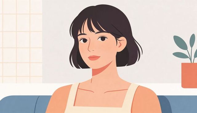 Sitting asian woman wearing sleeveless cream top on blue sofa in minimalist pastel lounge