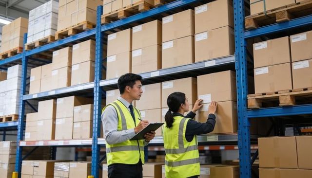 Warehouse staff aligning box labels on shelving while recording inventory on clipboard