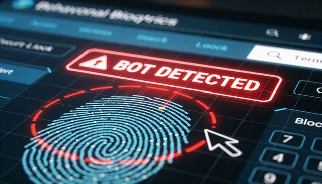 Biometric fingerprint scanner detecting bot intrusion on cybersecurity dashboard