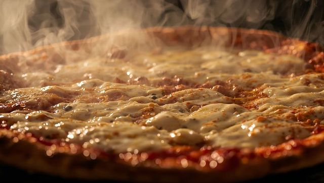 Steaming mozzarella pizza bubbling with golden crust and melted cheese, fresh from oven