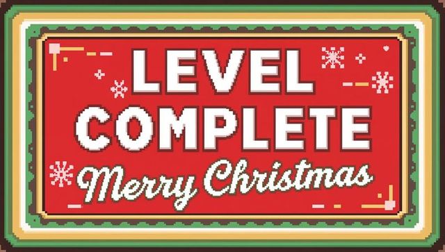 Displaying retro 8-bit level complete merry christmas pixel-art banner with festive snowflakes