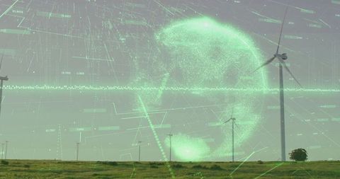 Futuristic Tech Globe Hovering Above Wind Turbines in Green Landscape