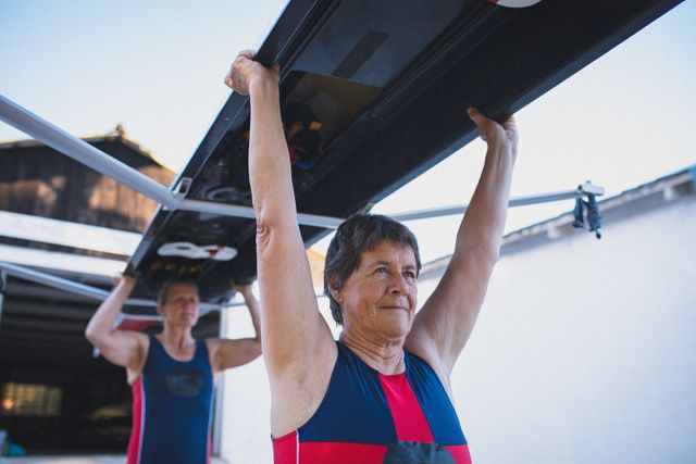 Two senior women from a rowing club are carrying a rowing boat above their heads as they exit a boathouse. This image is perfect for illustrating active retirement lifestyles, senior fitness, teamwork, and outdoor sports activities. It can be used in articles, advertisements, and promotional materials related to health, fitness, and senior activities.