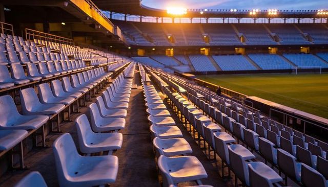 Empty stadium stands glowing at dusk with leading aisle lines and molded plastic seats