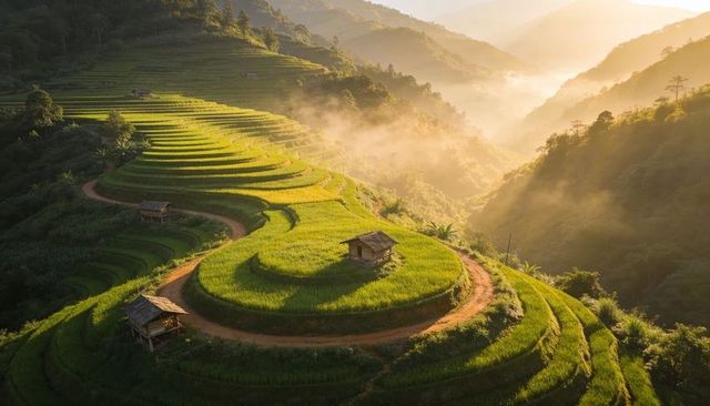 Sunlit curving rice terraces wrapping mountain valley with winding dirt path and huts