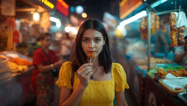 Young woman enjoying skewer in neon night market, street food portrait