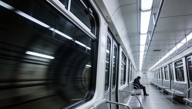 Solitary commuter sitting in empty subway car with motion blur and fluorescent lights