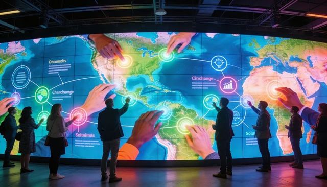 Visitors interacting with curved LED world map wall visualizing global connectivity and data