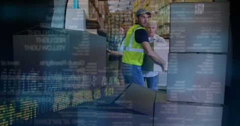 Efficient courier handling packages with financial data overlay
