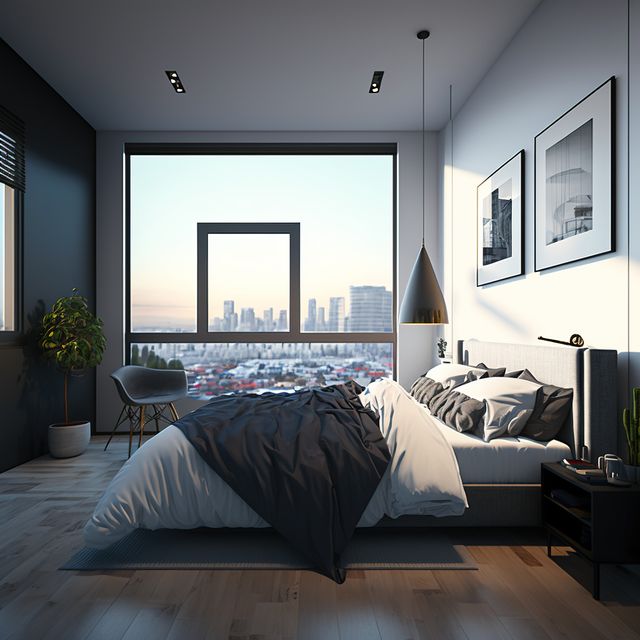 Bedroom with bed, plant and large window, created using generative ai technology. Cotemporary style house interior decor concept digitally generated image.