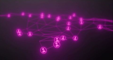 Neon magenta network of connected user avatars on dark futuristic mesh with glowing nodes