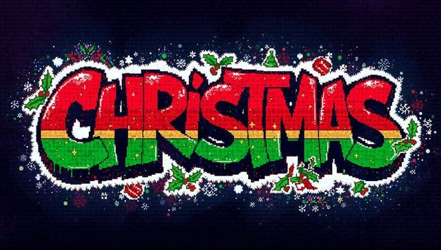 Bold christmas graffiti mural in red green pixel art with holly accents