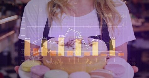 Cafe server holding plate of cake and macarons with finance data overlay double exposure