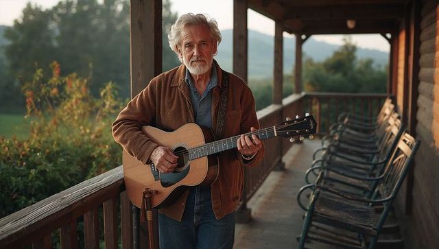 Senior Man Enjoying Acoustic Guitar on Cozy Cabin Porch