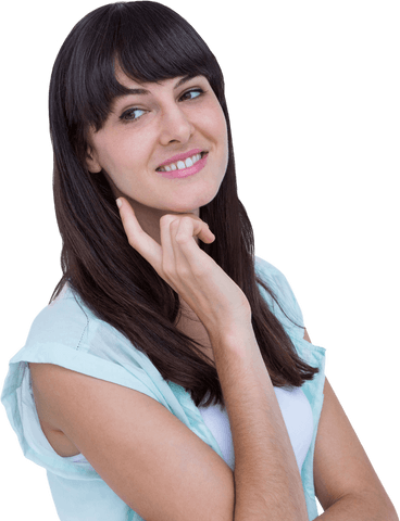 Transparent Femininity: Confident Smiling Woman with Long Dark Hair