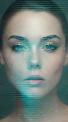 Blinking woman reacting to glitch bar crossing mouth in vertical cyber portrait with scanlines