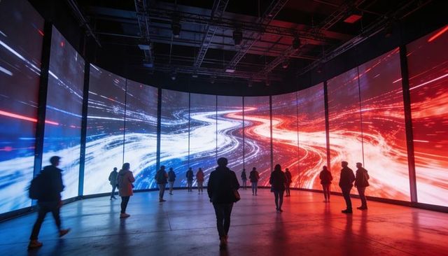 Silhouetted crowd walking through immersive red and blue LED multimedia installation art
