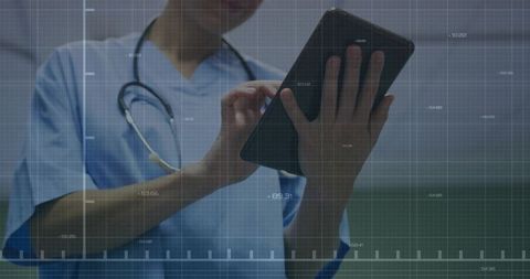 Nurse Using Tablet with Grid Overlay in Hospital