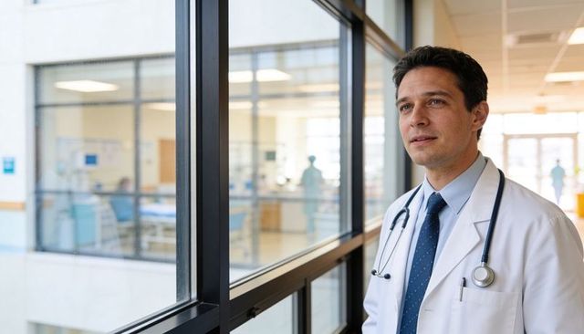 Physician gazing through window overlooking hospital ward, stethoscope on lab coat