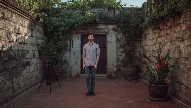 Young man standing in stone-walled courtyard wearing checked shirt and jeans, tripod beside doorway