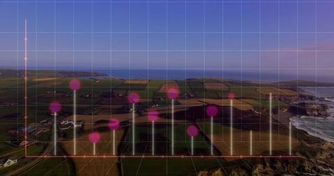 Visualizing 3d data grid over aerial coastal farmland with luminous magenta markers