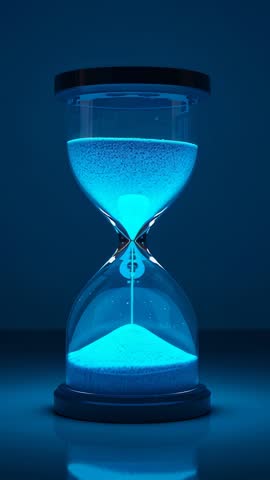 Glowing Cyan Hourglass Flowing Sand in Slow Motion Loop for Time Concept and Countdown