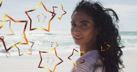Joyful Woman at Beach with Abstract Star Overlay