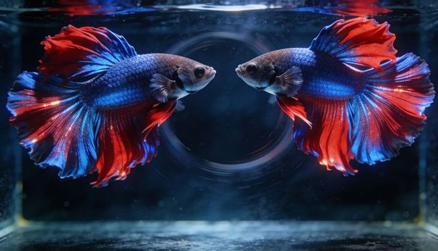 Vibrant betta pair facing in mirror symmetry with iridescent blue and red flowing fins
