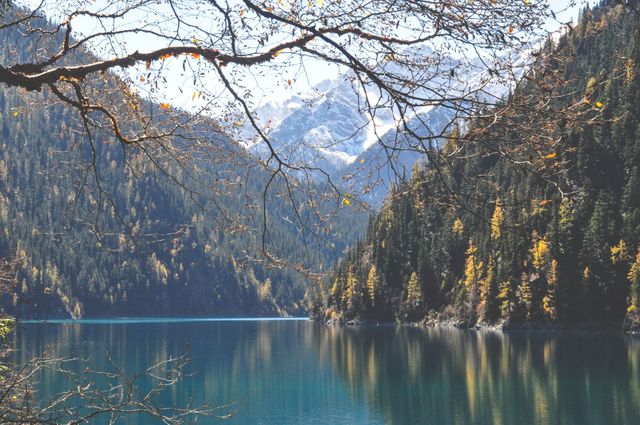 This serene outdoor scene captures an autumn lake reflecting snow-capped mountains surrounded by fall-colored trees. Excellent image for promoting outdoor travel destinations, nature photography, brochures about hiking and adventure tourism, or backgrounds for inspirational and motivational quotes on nature and tranquility.