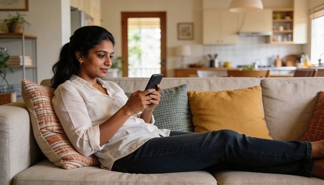 Relaxing on sofa scrolling smartphone in cozy open-plan living room