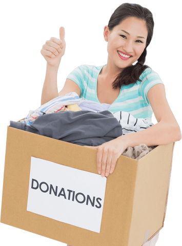 Cheerful Woman Holding Box Full of Clothes for Donation Offering Thumb Up - Download Free Stock Videos Pikwizard.com