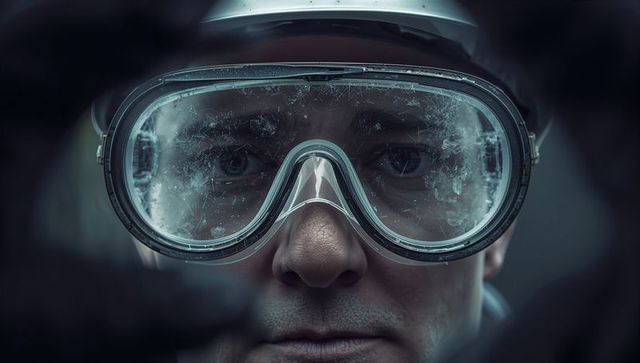 Soldier wearing moisture-speckled goggles and combat helmet exhibiting determination