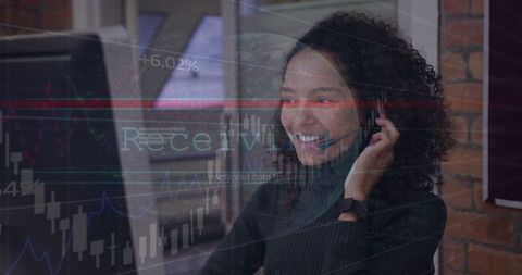 Businesswoman Analyzing Data with Headset and Graphs Overlay
