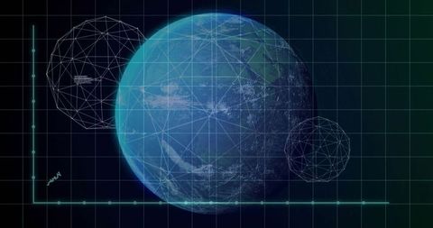 Rotating Earth Globe on Digital Grid HUD with Wireframe Spheres for Global Data Visualization
