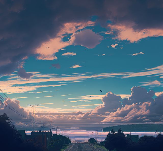 Landscape of blue sky and clouds over coast with road and sea, using generative ai technology. Landscape, sky and view concept digitally generated image.