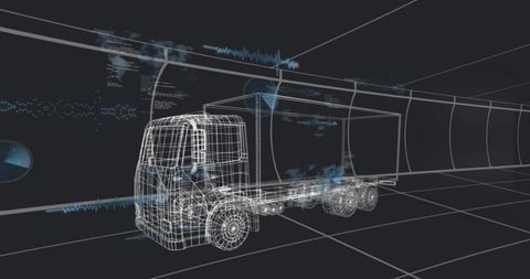 Wireframe semi-truck in futuristic virtual tunnel visualizing 3d telematics data overlay