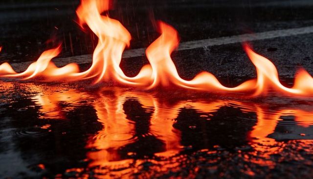 Burning orange flame ribbon reflecting on wet asphalt, rippling fire glow at night